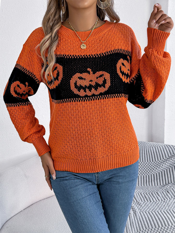 Halloween-themed pumpkin head color-blocked knit long sleeve pullover sweaterr