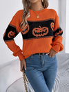 Halloween-themed pumpkin head color-blocked knit long sleeve pullover sweaterr