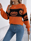 Halloween-themed pumpkin head color-blocked knit long sleeve pullover sweaterr