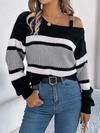 Casual Clashing Stripes Lantern Sleeve Metal Button Off Shoulder Pullover Sweater