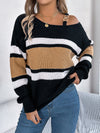 Casual Clashing Stripes Lantern Sleeve Metal Button Off Shoulder Pullover Sweater