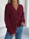 Casual V-neck Lantern Sleeve Twist Button Knit Cardigan Sweater Jacket