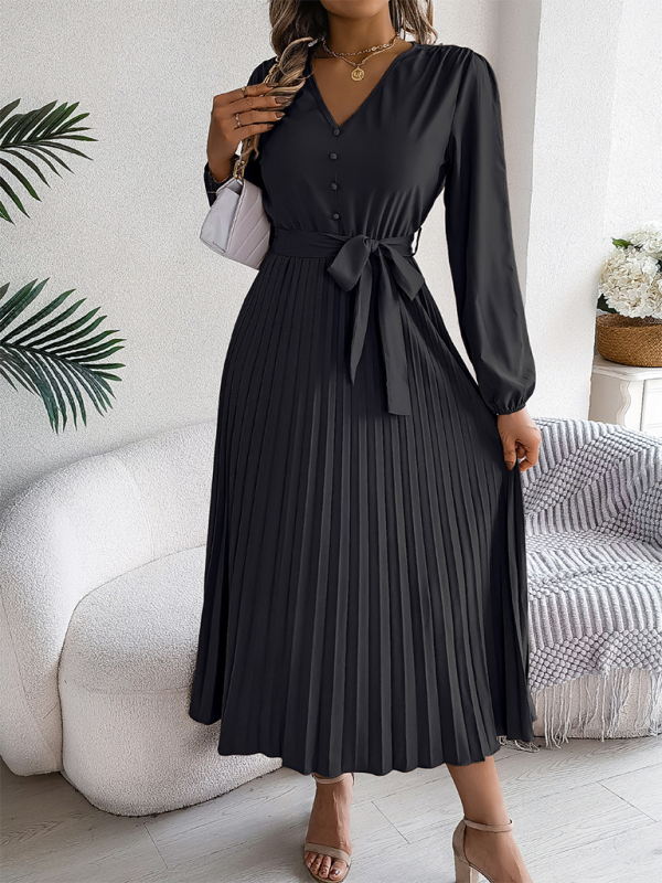 Elegant V-neck Button Tie Hem Pleated Long Dress Dresses