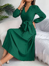 Elegant V-neck Button Tie Hem Pleated Long Dress Dresses