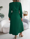 Elegant V-neck Button Tie Hem Pleated Long Dress Dresses