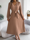 Elegant V-neck Button Tie Hem Pleated Long Dress Dresses