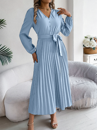 Elegant V-neck Button Tie Hem Pleated Long Dress Dresses