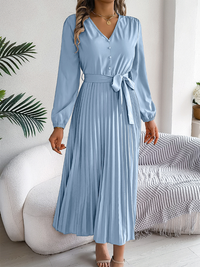 Elegant V-neck Button Tie Hem Pleated Long Dress Dresses