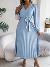 Elegant V-neck Button Tie Hem Pleated Long Dress Dresses