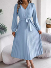 Elegant V-neck Button Tie Hem Pleated Long Dress Dresses