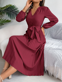 Elegant V-neck Button Tie Hem Pleated Long Dress Dresses