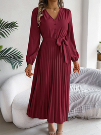 Elegant V-neck Button Tie Hem Pleated Long Dress Dresses