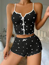 Heart Printed Color Clashing Homewear Front Split Sling Sexy Pajama Set