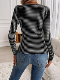 Slim Fit u Neck Buttoned Striped Long Sleeve Top T-Shirt