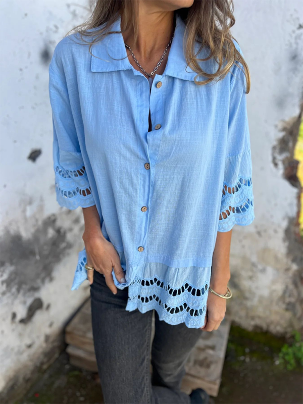 Women's Lace Flared Sleeve Hollow Button Shirt