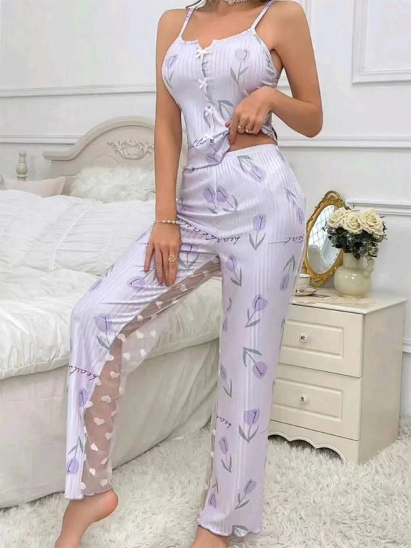 New home printing color collision splicing mesh home wear front open sling pajama set