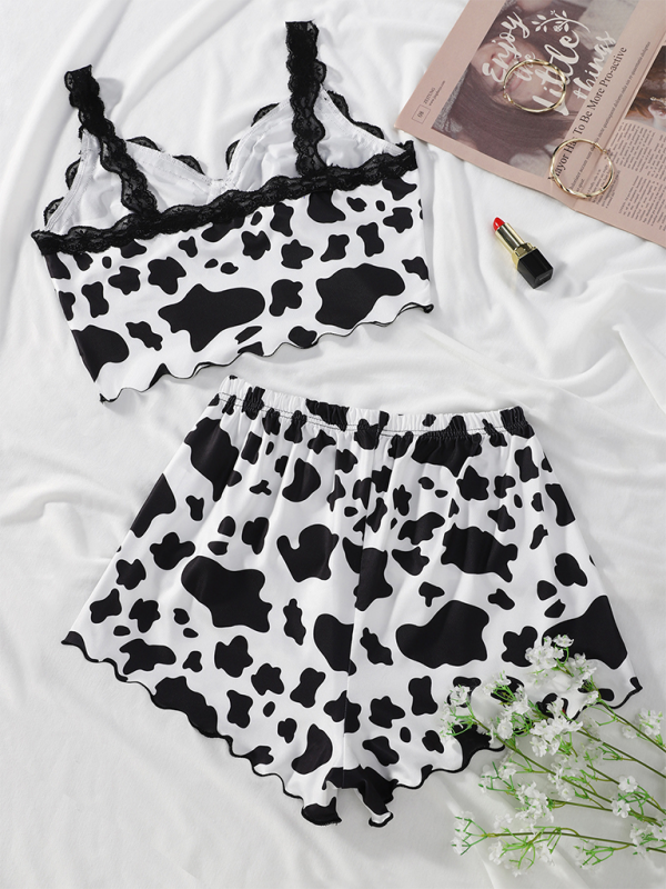 Cow Print Camisole Top Lace Lace Shorts Loungewear Pajama Set