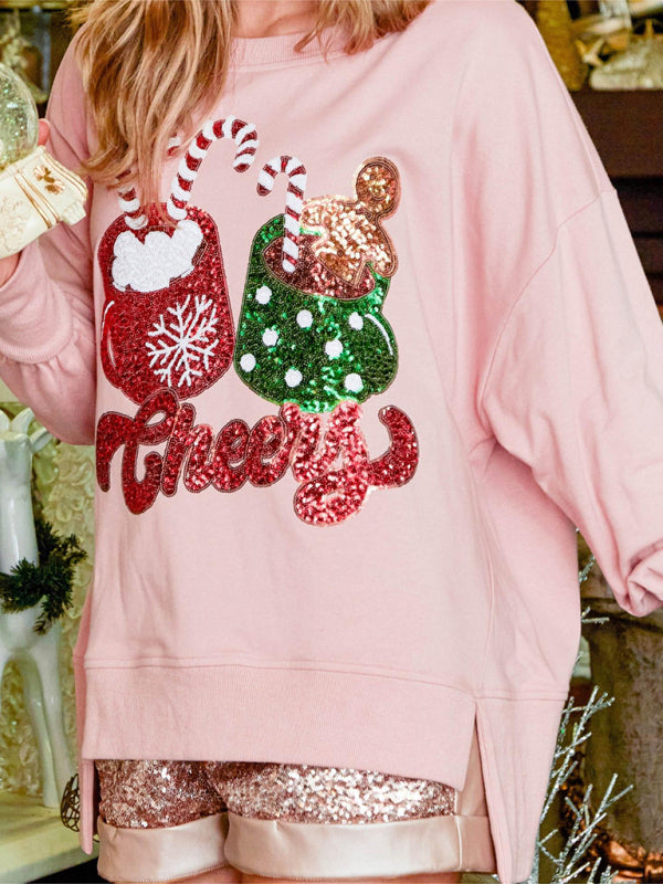 Christmas Candy Cup Sequins Sweatshirt Casual Loose Top