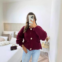 Women's Fashion Chunky Needle Long Sleeve Big Button Sweater