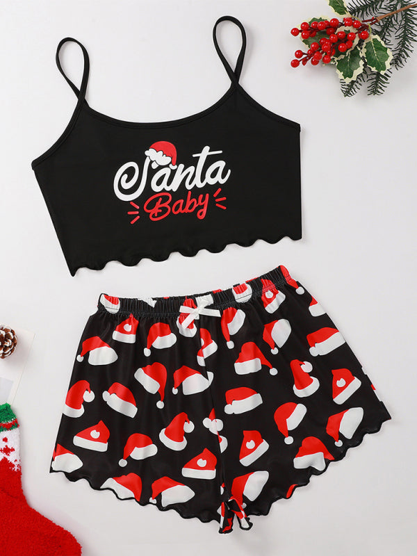 Christmas letter elk Christmas hat print sleeveless shorts simple casual two-piece home clothes