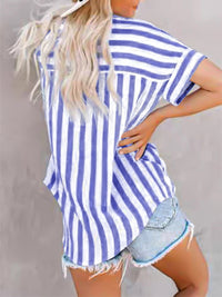 Women's Two-tone Striped Cardigan Short Sleeve Shirt