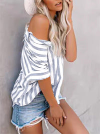 Women's Two-tone Striped Cardigan Short Sleeve Shirt