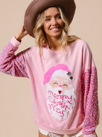 Women's Sweet Sequin Sleeve Top Christmas Long Sleeve Sweater