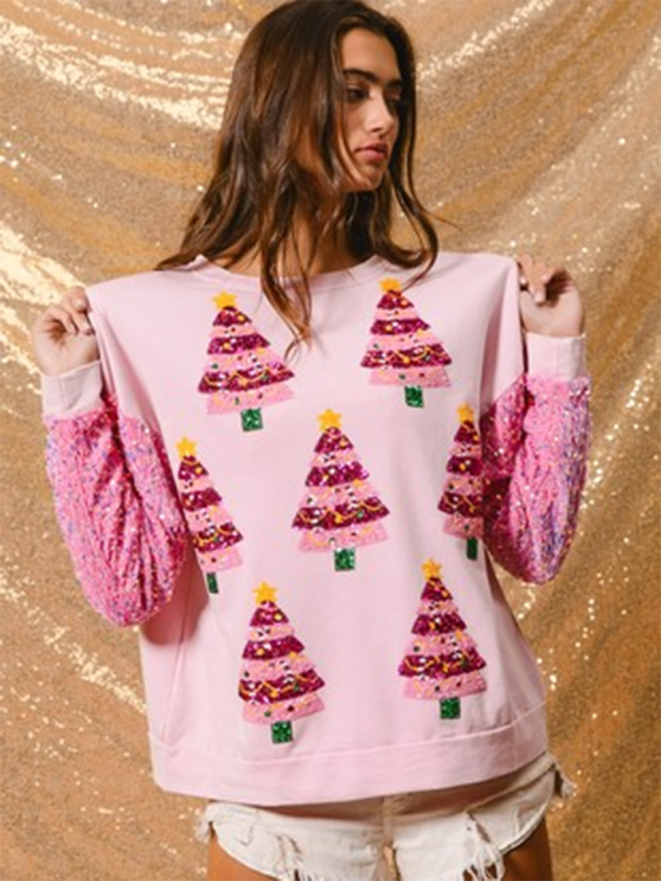 Women's Sweet Sequin Sleeve Top Christmas Long Sleeve Sweater