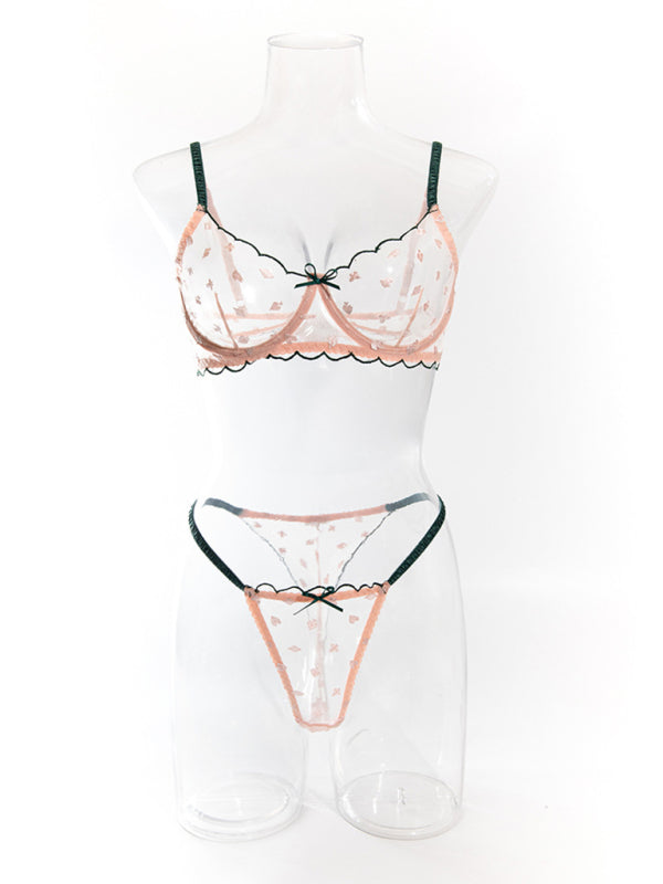 Sexy bra set with playing card pattern embroidery, transparent lace, underwire, gathered Underwear set