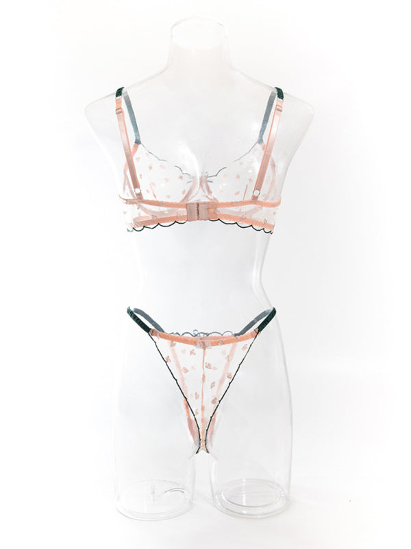 Sexy bra set with playing card pattern embroidery, transparent lace, underwire, gathered Underwear set