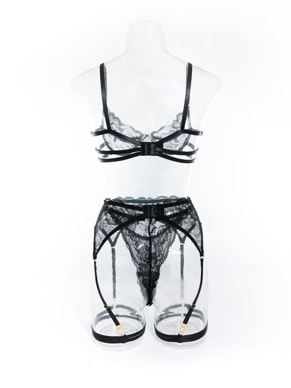 Sexy lace hollow diamond perspective steel ring garter sexy underwear set