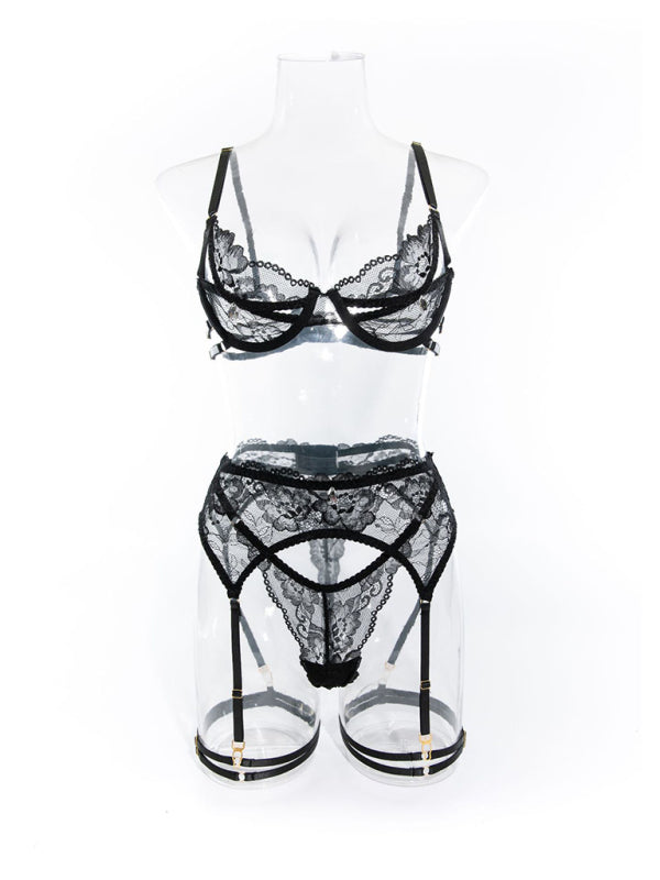 Sexy lace hollow diamond perspective steel ring garter sexy underwear set