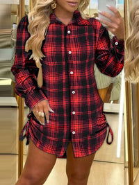 Fashionable plaid shirt dress with drawstrings on both sides