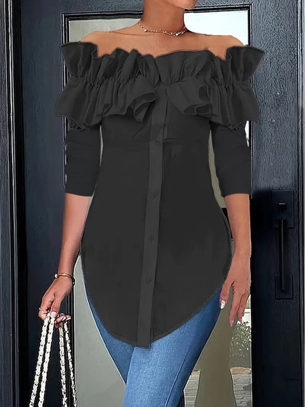 Simple solid color one-shoulder ruffled shirt top