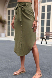 Tie Belt Frill Trim Buttoned Skirt