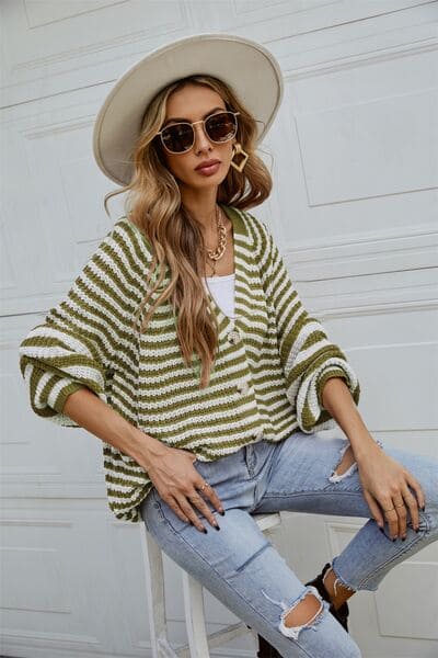 Striped Button Up Long Sleeve Cardigan