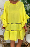 Women's 3/4 Sleeve Cotton Linen V-Neck Loose Button Cutout Plus Size Top Dress