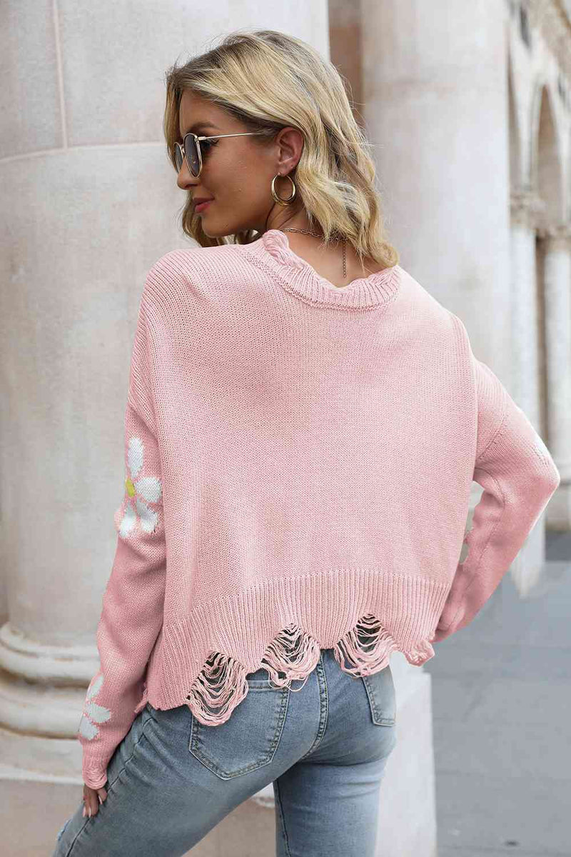 Flower Distressed Long Sleeve Sweater