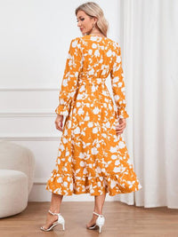 Floral Surplice Flounce Sleeve Ruffle Hem Dress