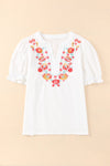 Embroidered Notched Neck Flounce Sleeve Top