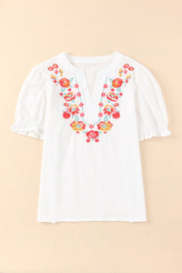 Embroidered Notched Neck Flounce Sleeve Top