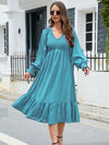 Swiss Dot V-Neck Smocked Lantern Sleeve Ruffle Hem Dress