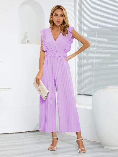 Ruffled Surplice Cap Sleeve Jumpsuit