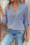 Striped Notched Roll-Tab Sleeve Shirt