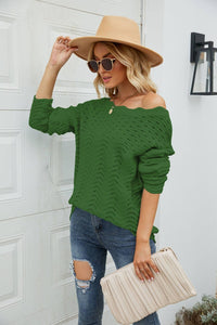 Scalloped Boat Neck Openwork Tunic Sweater