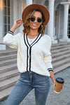 Ladies Button Contrast Color Knit Cardigan Jacket V Neck Sweater