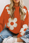 Round Neck Floral Pattern Color Contrast  Design Long Sleeve Sweater