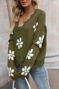 Flower Distressed Long Sleeve Sweater