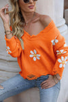 Flower Distressed Ribbed Trim Sweater