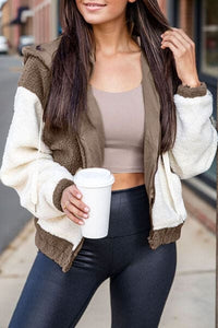 Fuzzy Zip Up Drawstring Hooded Jacket